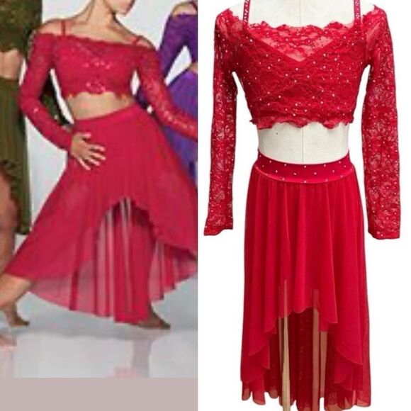 Kelle dance costume solo costume 2 piece red skirt lace crop top LC child Teen - Picture 1 of 16